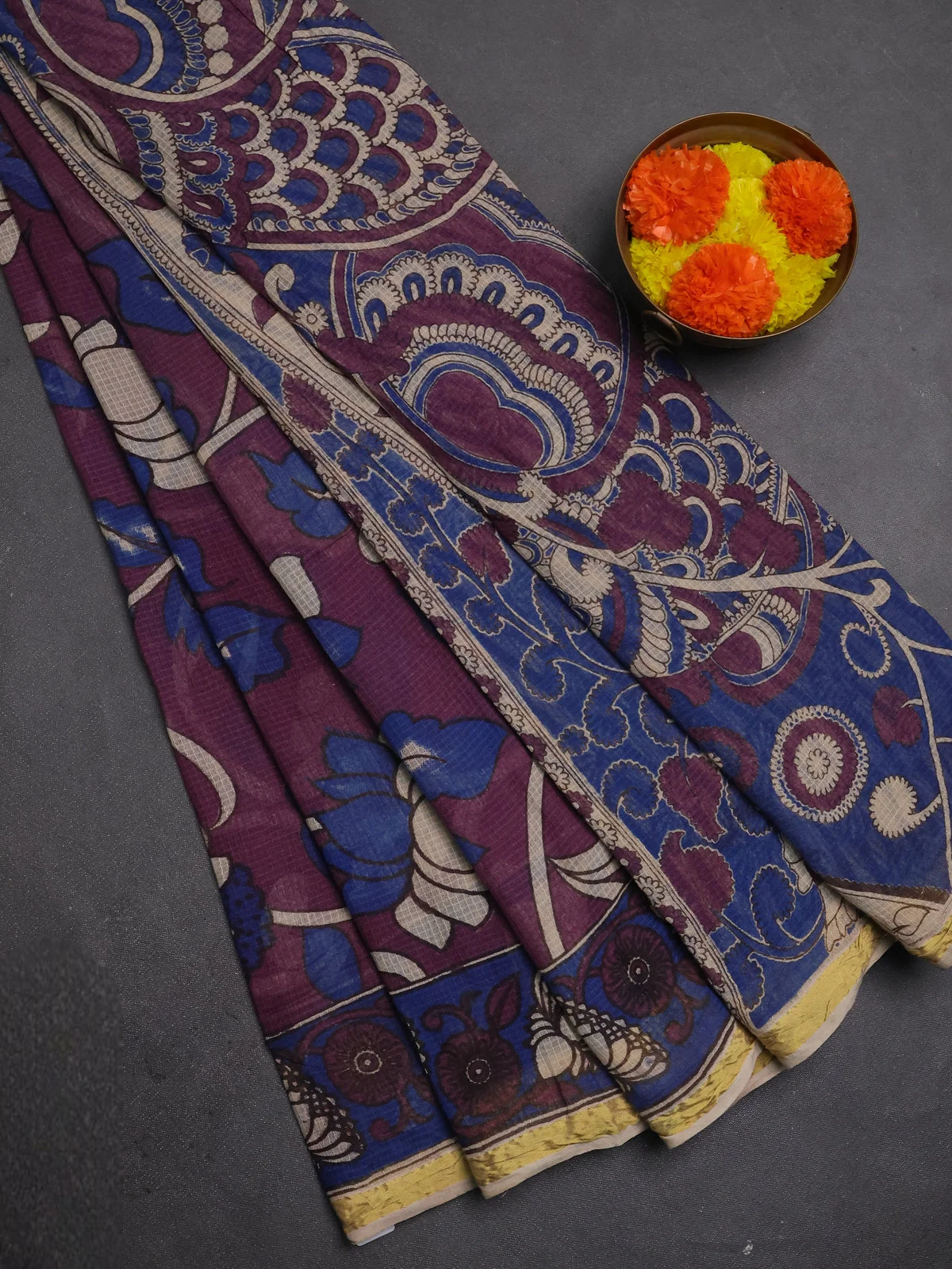 Purple and Blue Kota Kalamkari Cotton Saree